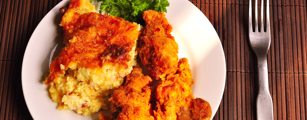 Spiced Up Fried Chicken With A Loaded Baked Potato Casserole